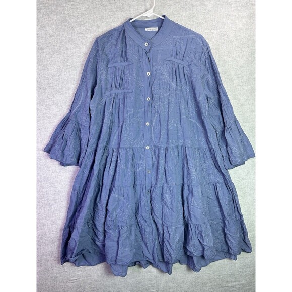 Unbranded Dresses & Skirts - Made in Italy Blue Cotton Dress Embroidered Detail Swiss Dot Cottage Prairie Lg